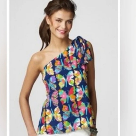 Lilly Pulitzer Tops - Lilly Pulitzer Roe One Shoulder Bow Silk Top Out There Butterfly Print Size 8
